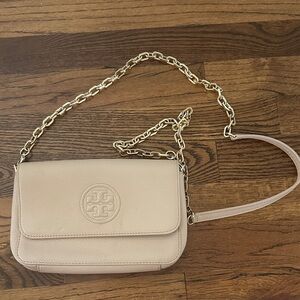 Tory Burch Pink-Beige Crossbody Bag with Gold Chain